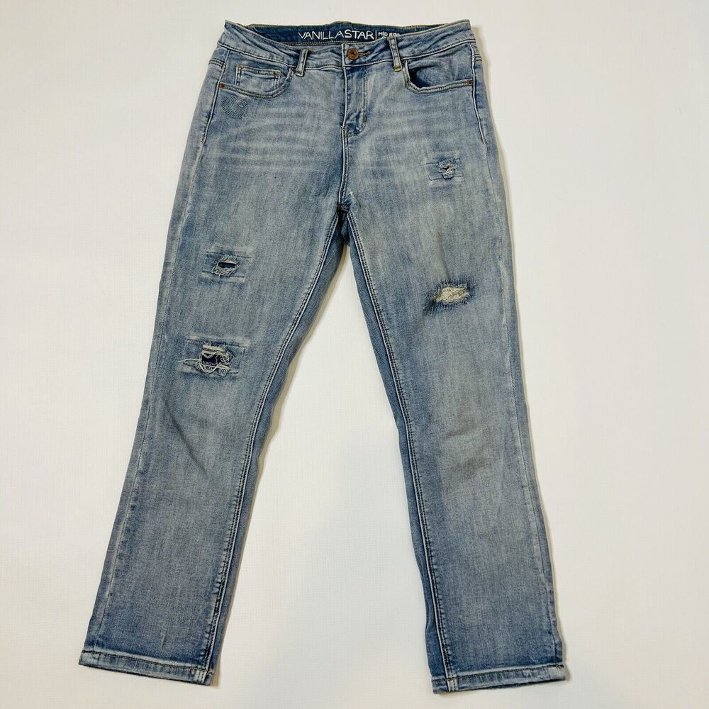 Vanilla Star Women's Blue Mid Rise Crop Distressed Stretch Jeans Size 9 School